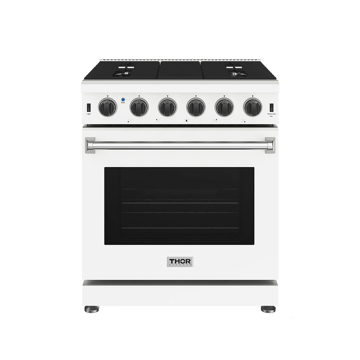 White gas range front with metal handle, black oven door window, and control knobs
