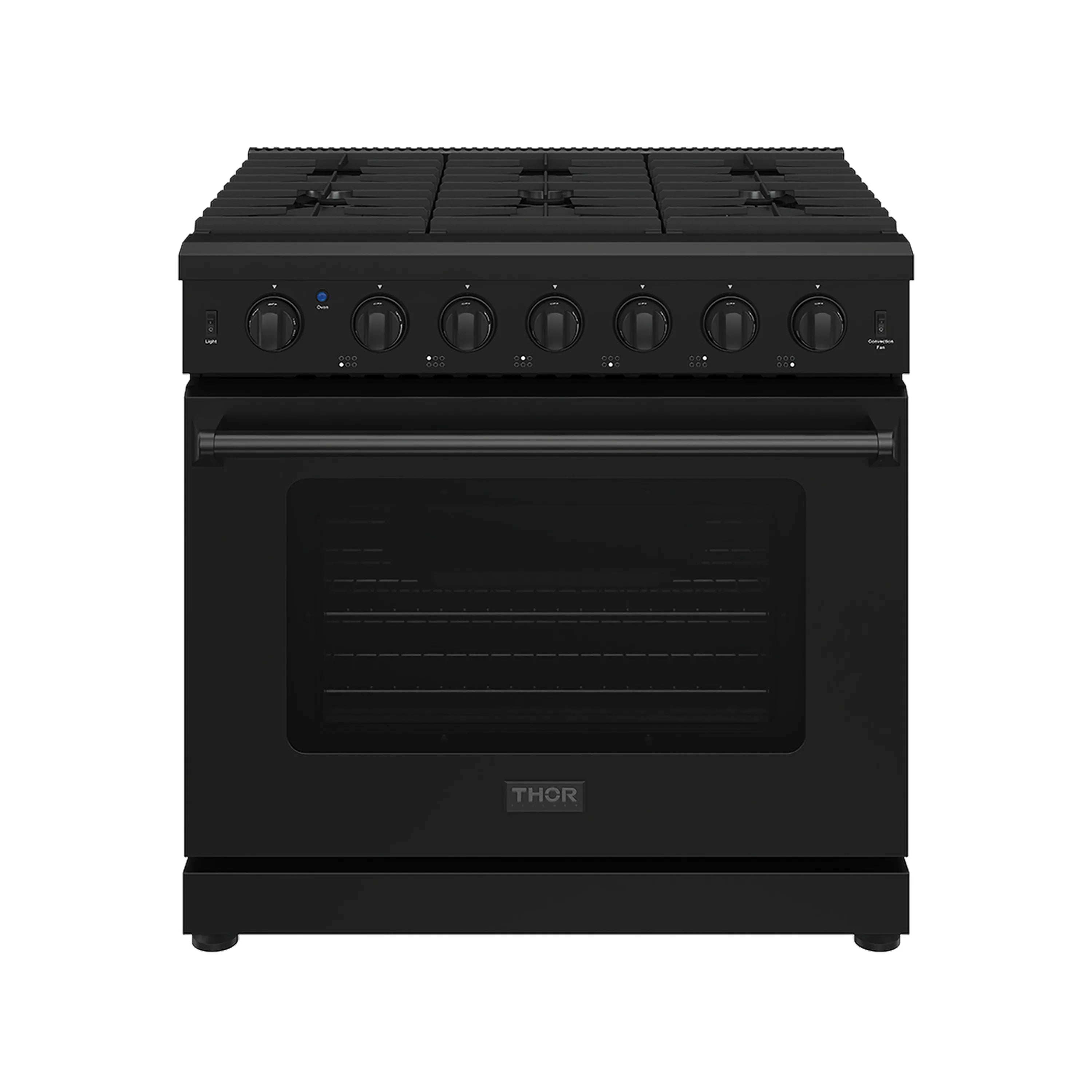 Black propane range with control knobs and closed oven door