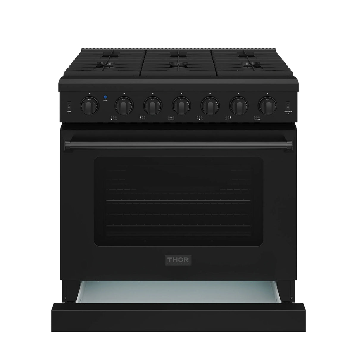 Black natural gas range with oven door closed and open broiler drawer below
