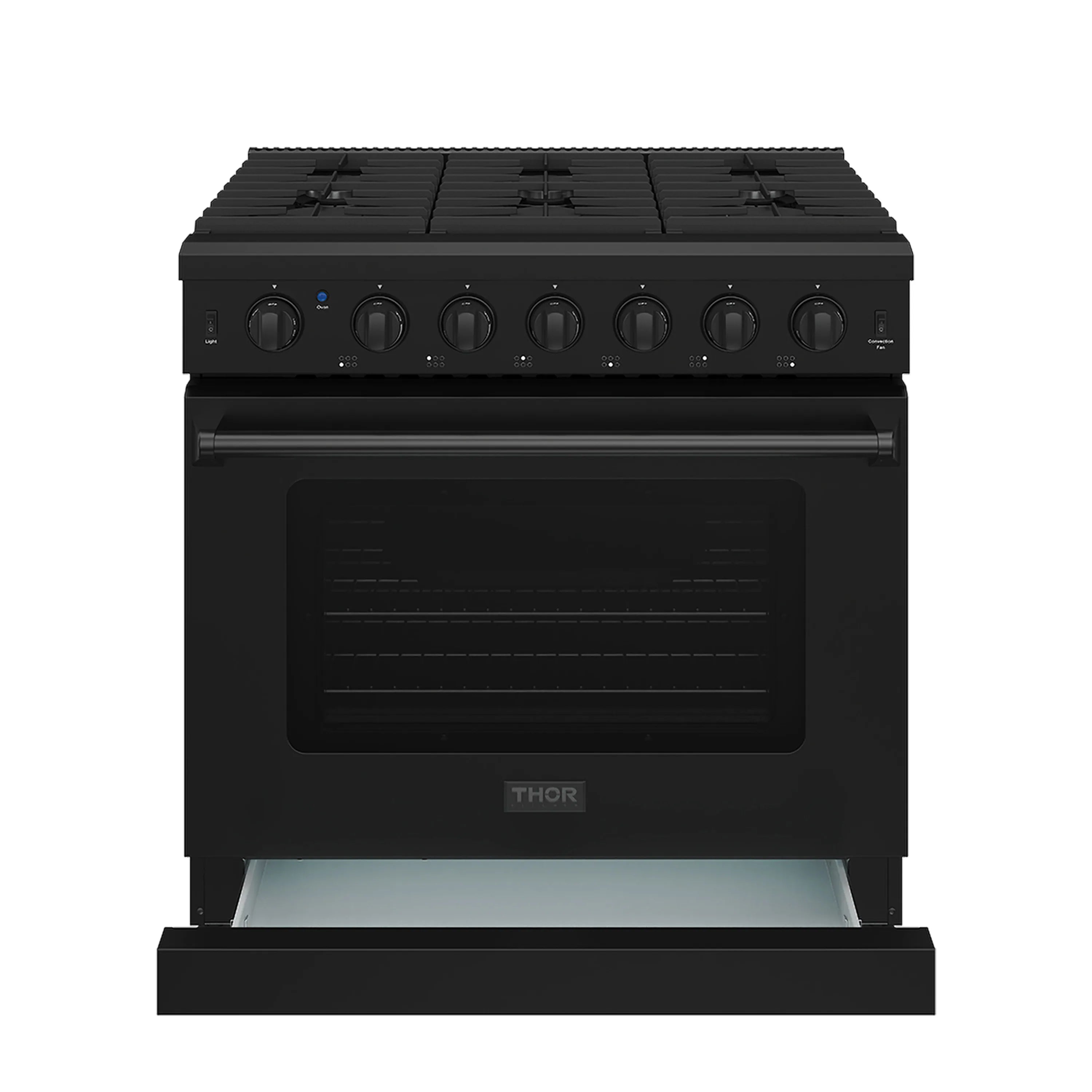 Black gas range with open oven drawer and front control knobs