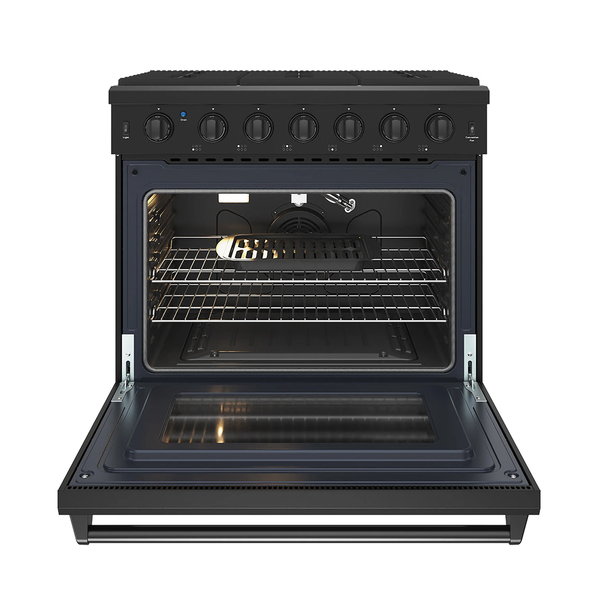 Black natural gas range with oven door open showing wire racks and interior light