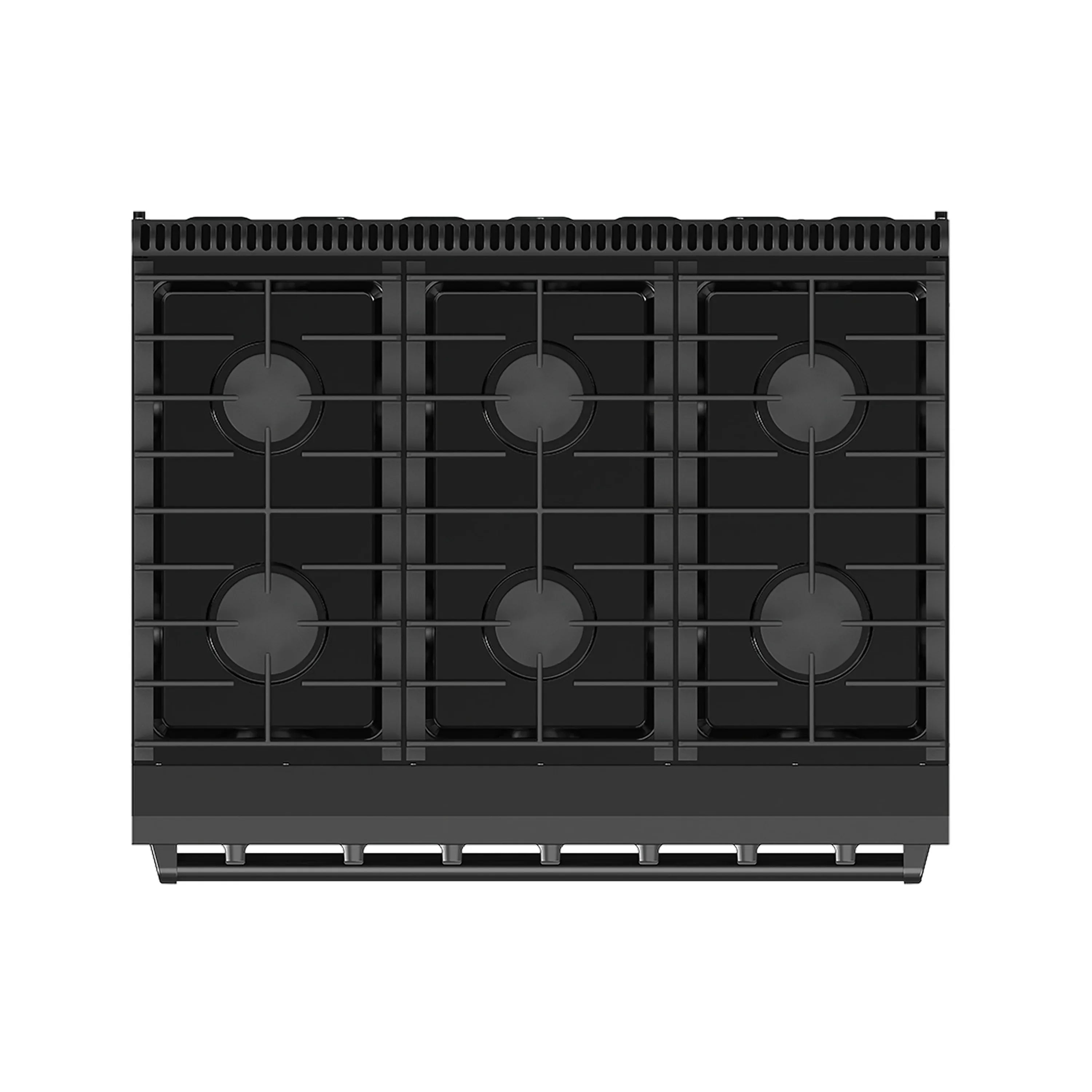 Black gas range cooktop with six burner grates and control panel