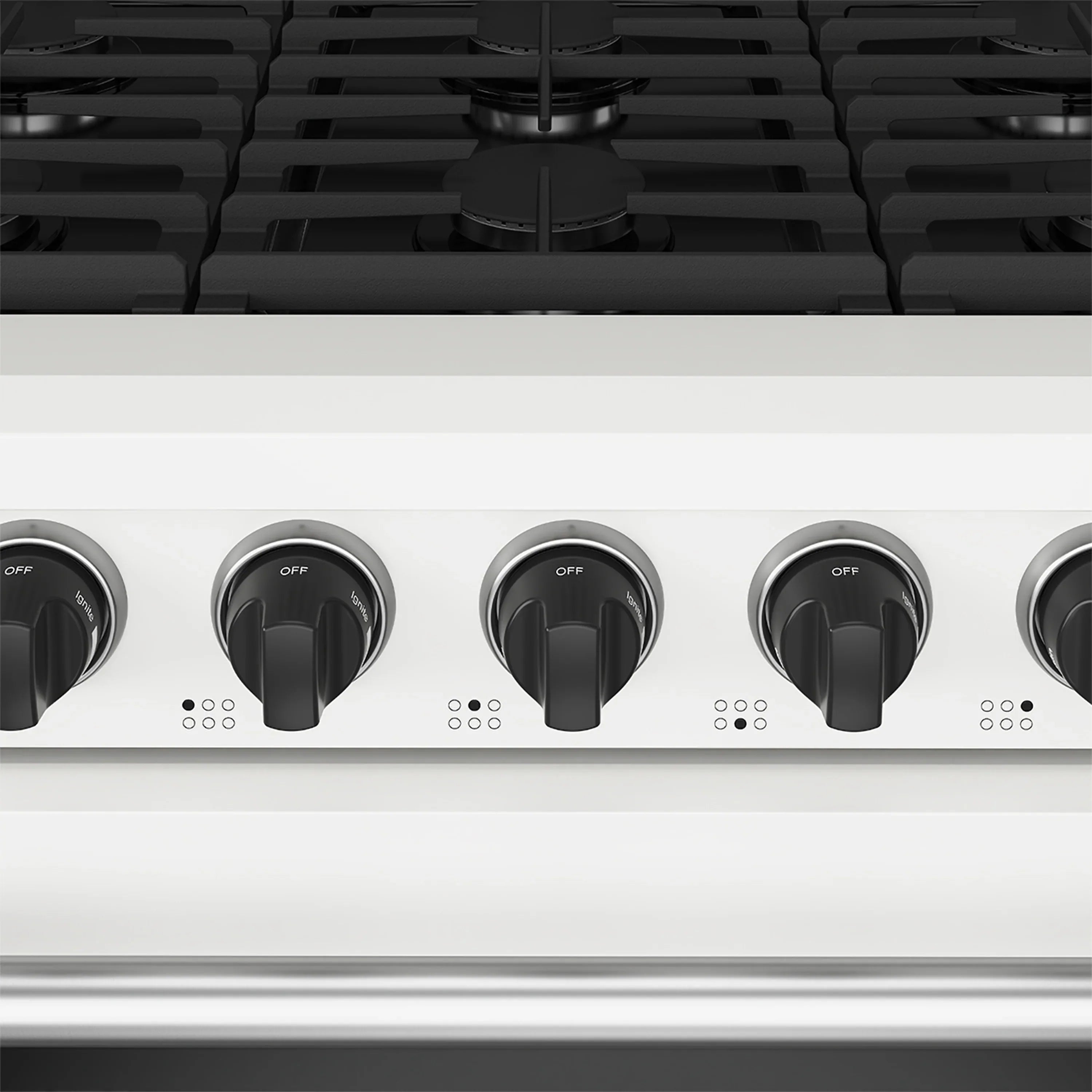 White gas range cooktop with five round burner knobs and OFF indicator marks