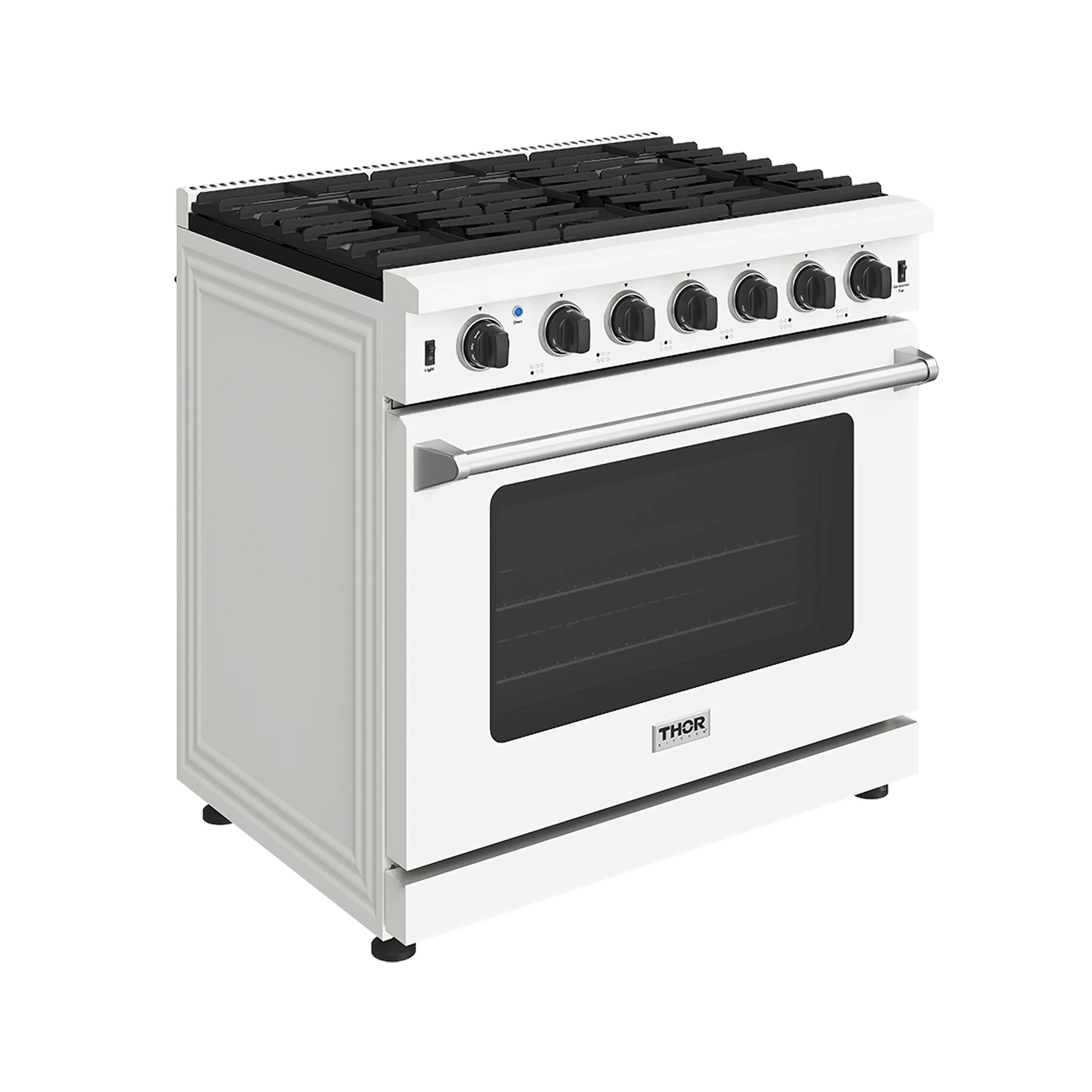 White gas range side angle with black cooktop, oven window, and front control panel
