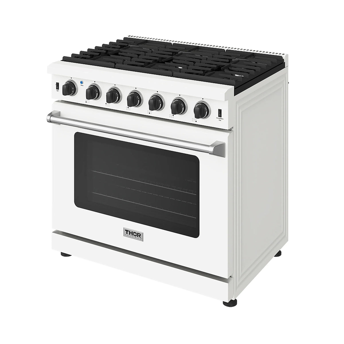 White propane range with black cooktop burners and windowed oven door