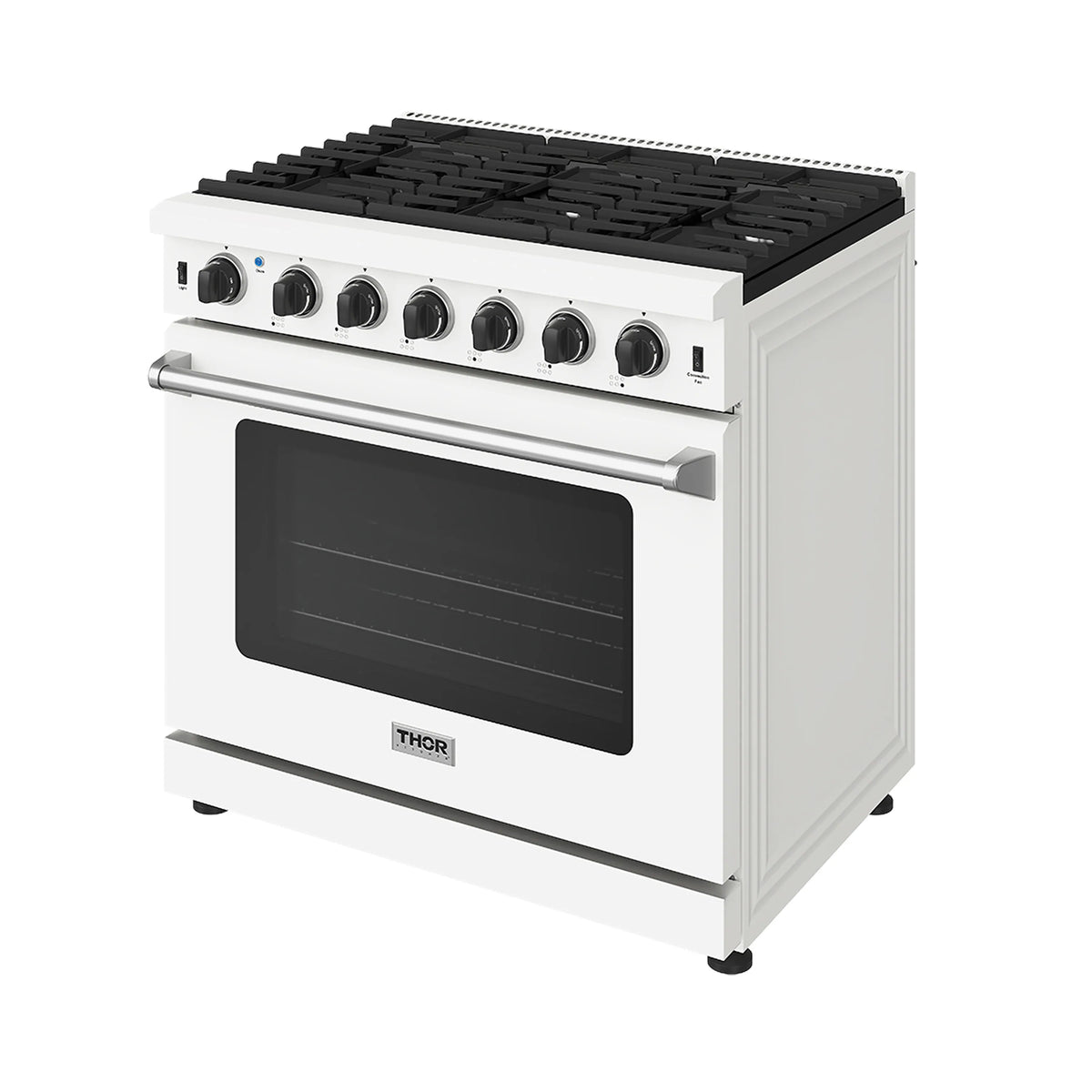 White gas range with black grates, front oven window, and control knob panel