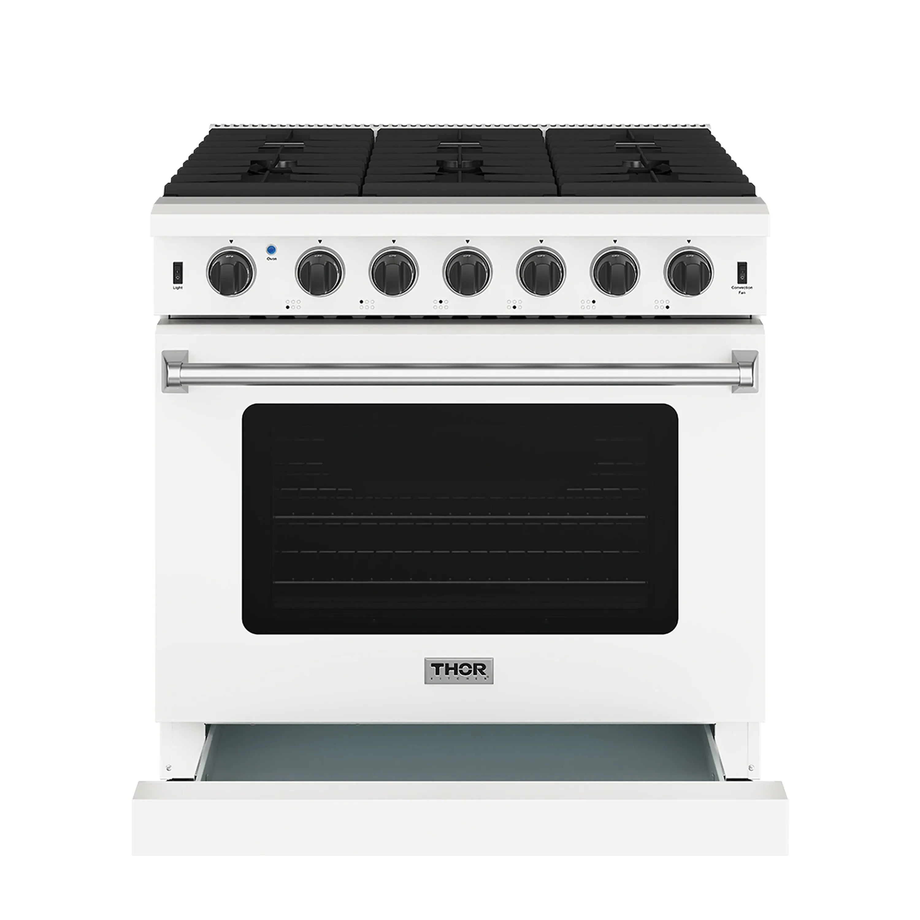 White gas range front view with black oven window and row of burner knobs