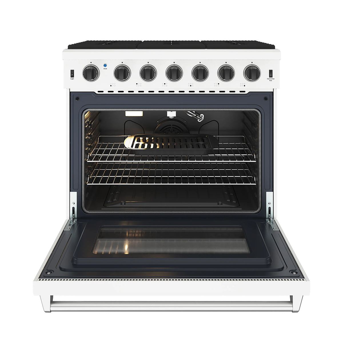 White 36-inch gas range with open oven door and wire oven rack inside