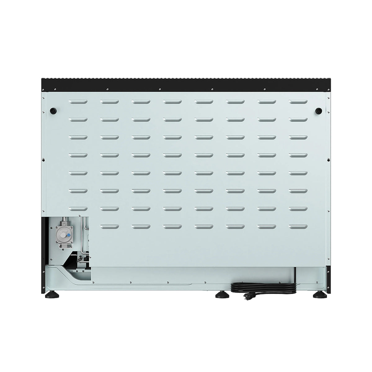 Black 48-inch gas range rear panel with access cover and vents
