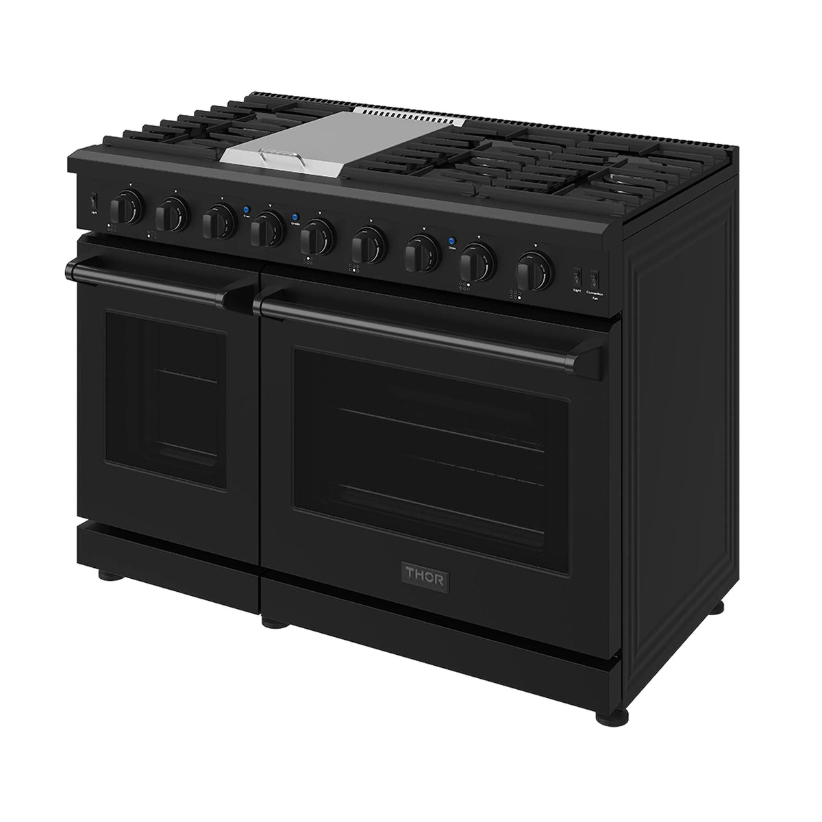 Black 48-inch propane gas range with control knobs and top burners, side angle