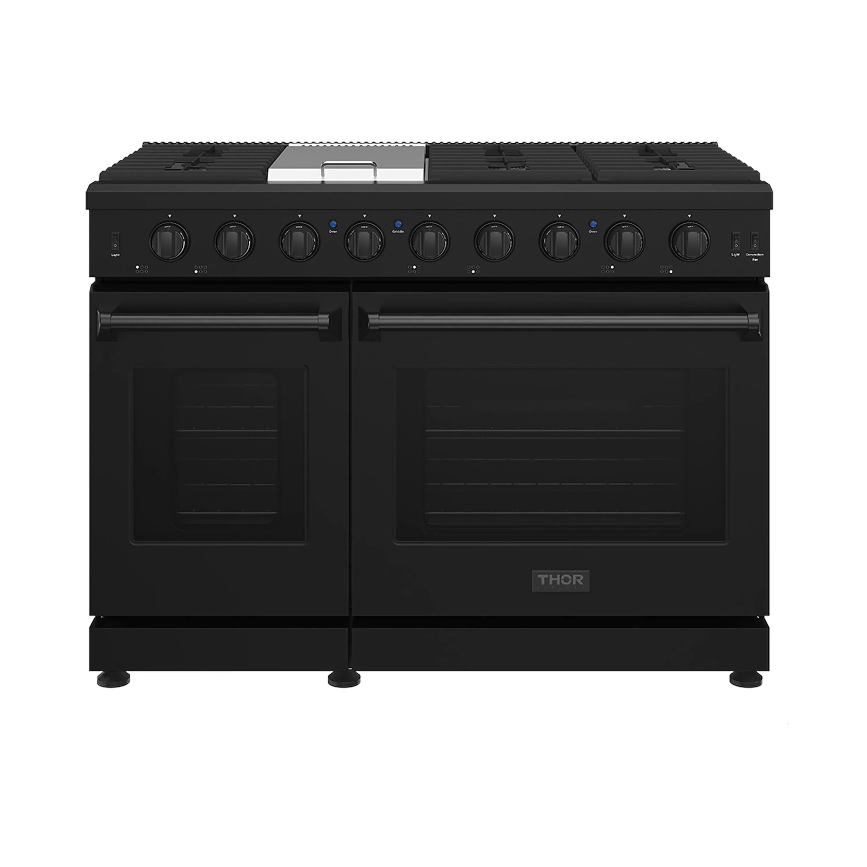 Black dual-oven gas range with front controls and flat cooktop burner grates