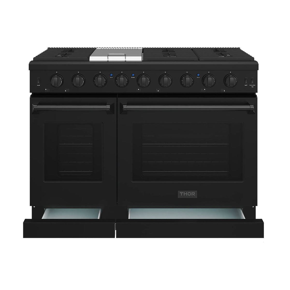 Black 48-inch gas range with pull-out storage drawer
