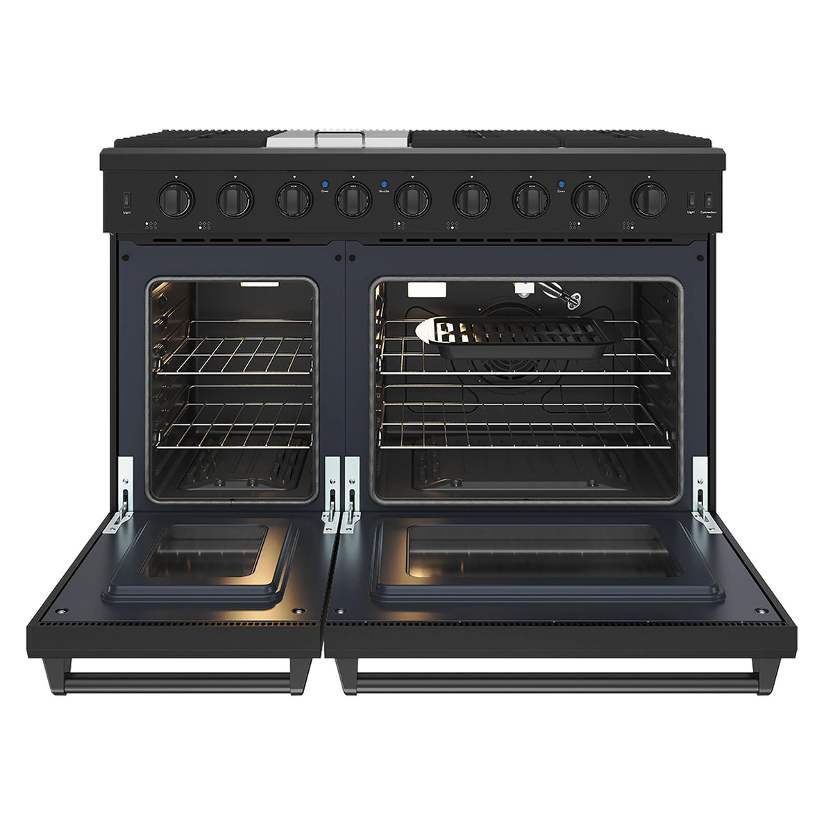 Black 48-inch gas range with both oven doors open and racks inside