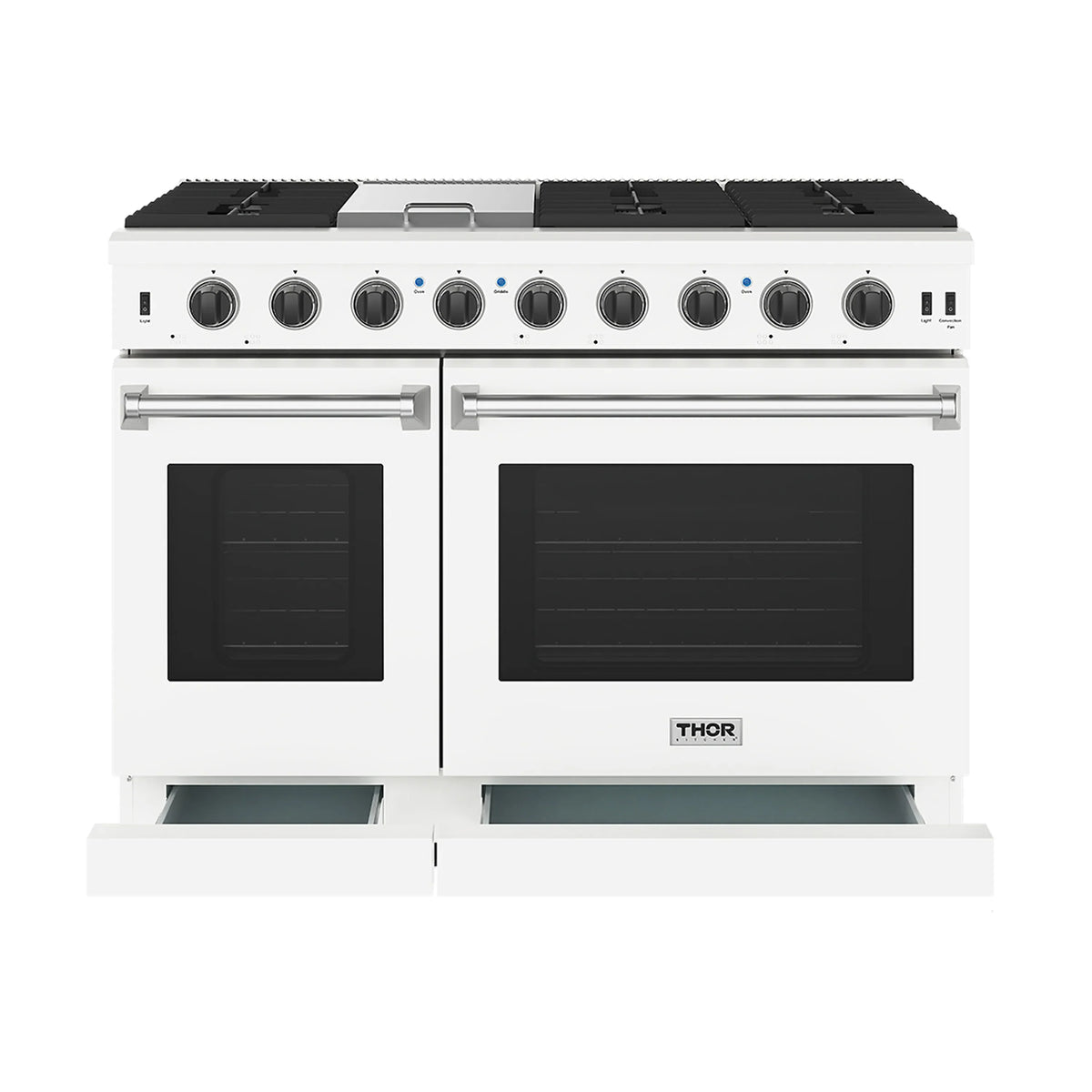 White gas range with black cooktop and two dark oven doors