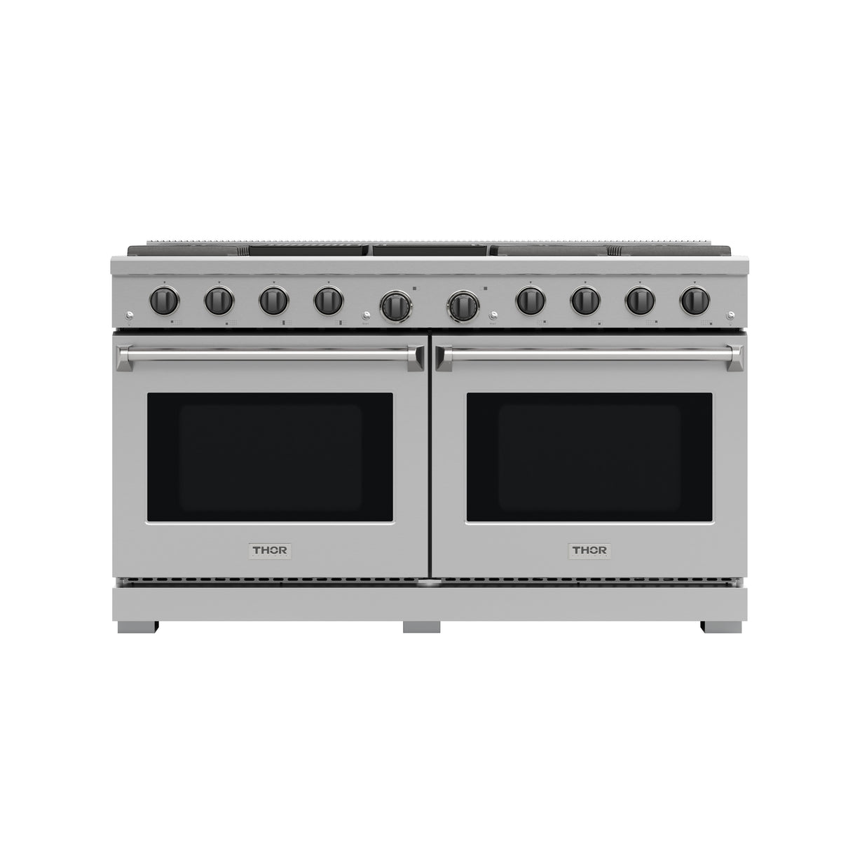 Stainless steel 60-inch gas range front view with black glass doors and top control knobs