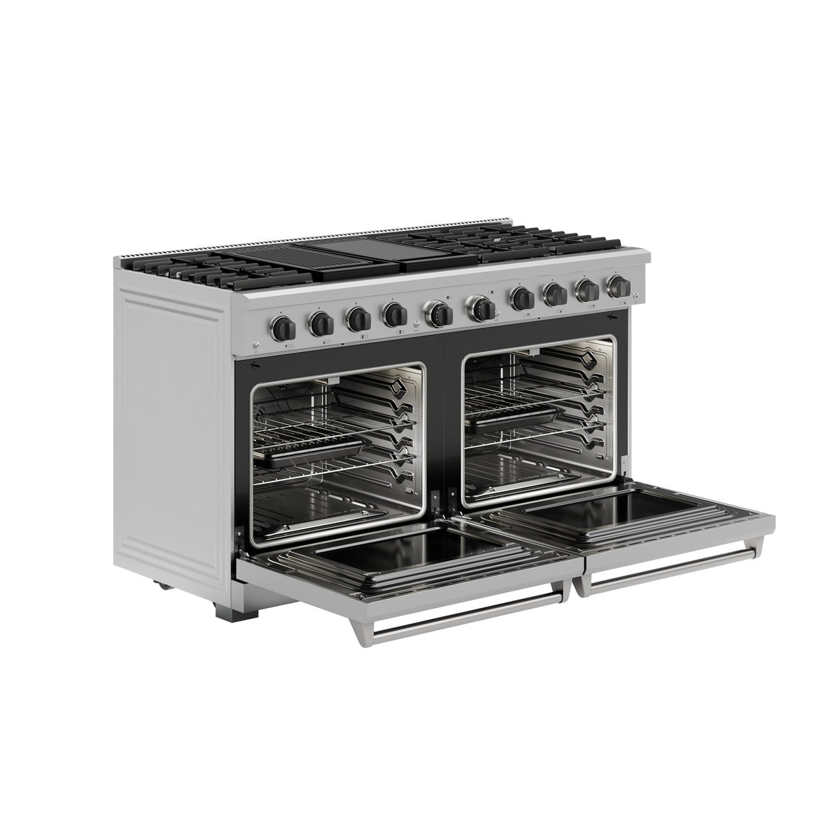 60-inch stainless gas range with both ovens open, revealing interior racks and burners