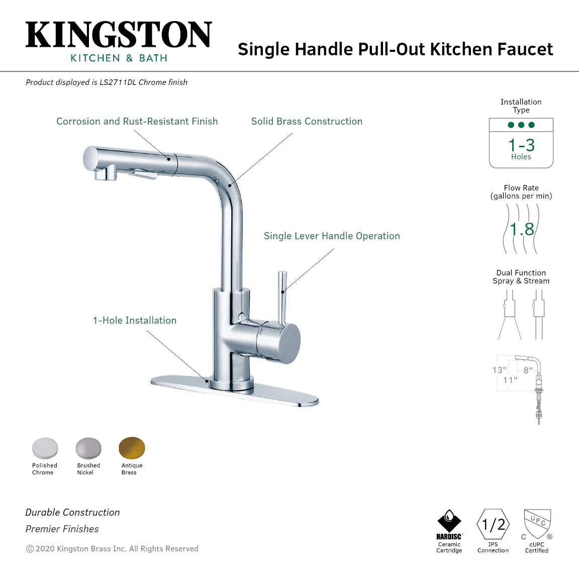 Polished chrome single-handle pull-out kitchen faucet with pull-out sprayer