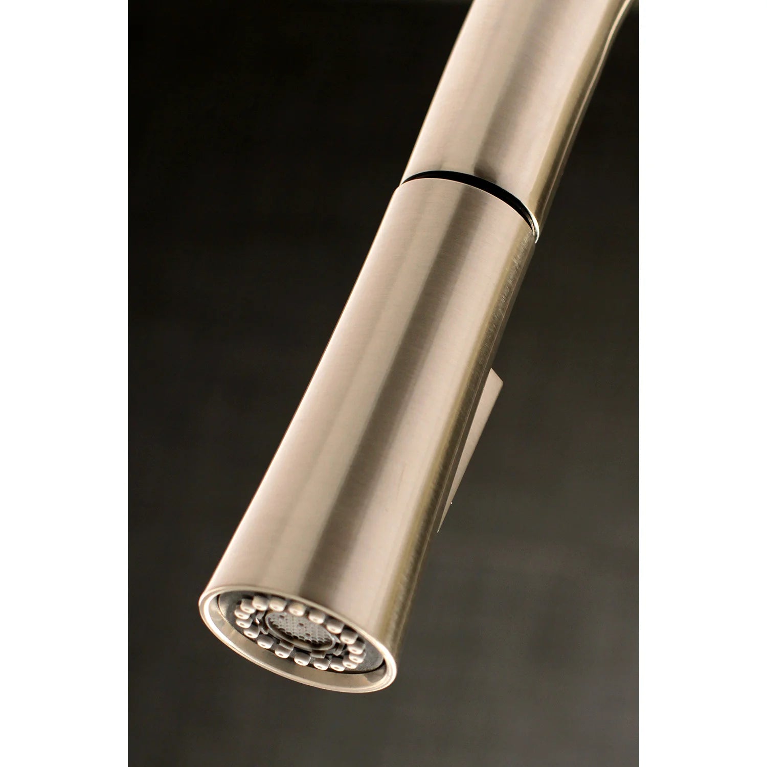 Pull-down spray head underside with multiple jet nozzles in brushed nickel finish