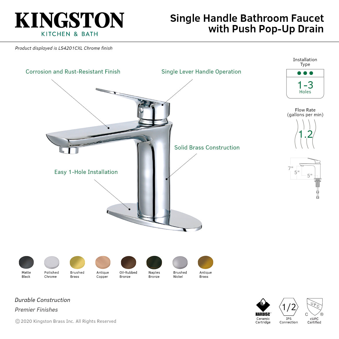 Frankfurt One-Handle Single-Hole Bathroom Faucet with Deck Plate and Push Pop-Up Drain in Brushed Brass