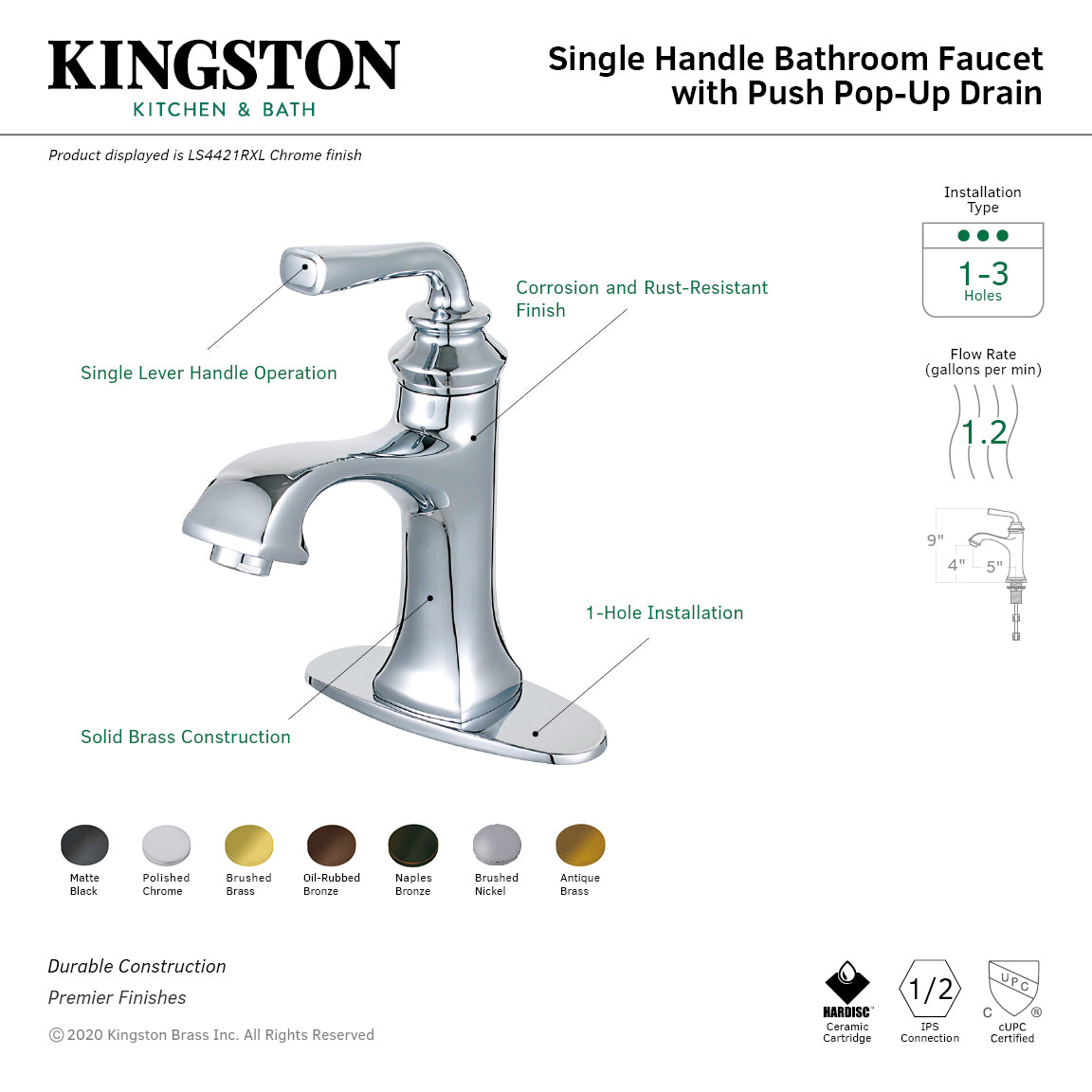 Restoration One-Handle Single-Hole Bathroom Faucet with Deck Plate and Push Pop-Up Drain in Polished Chrome