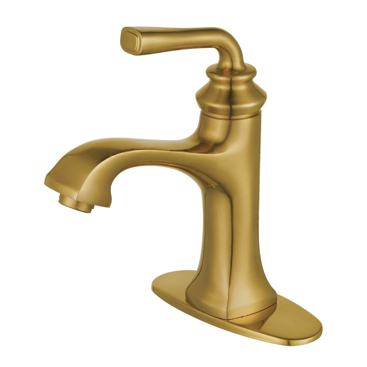 Restoration One-Handle Single-Hole Bathroom Faucet with Deck Plate and Push Pop-Up Drain in Brushed Brass
