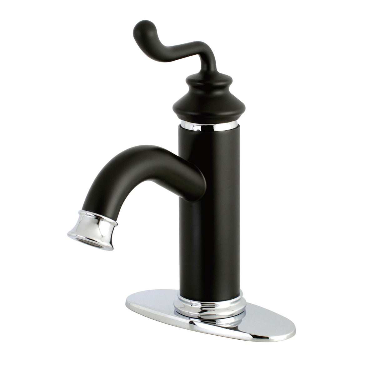Royale One-Handle Single-Hole Bathroom Faucet with Deck Plate and Push Pop-Up Drain in Matte Black/Polished Chrome