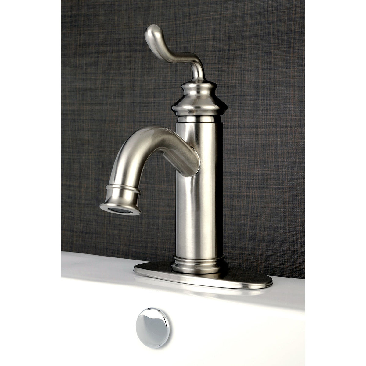 Royale One-Handle Single-Hole Bathroom Faucet with Deck Plate and Push Pop-Up Drain in Brushed Nickel