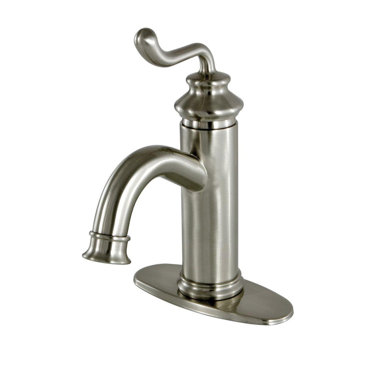 Royale One-Handle Single-Hole Bathroom Faucet with Deck Plate and Push Pop-Up Drain in Brushed Nickel