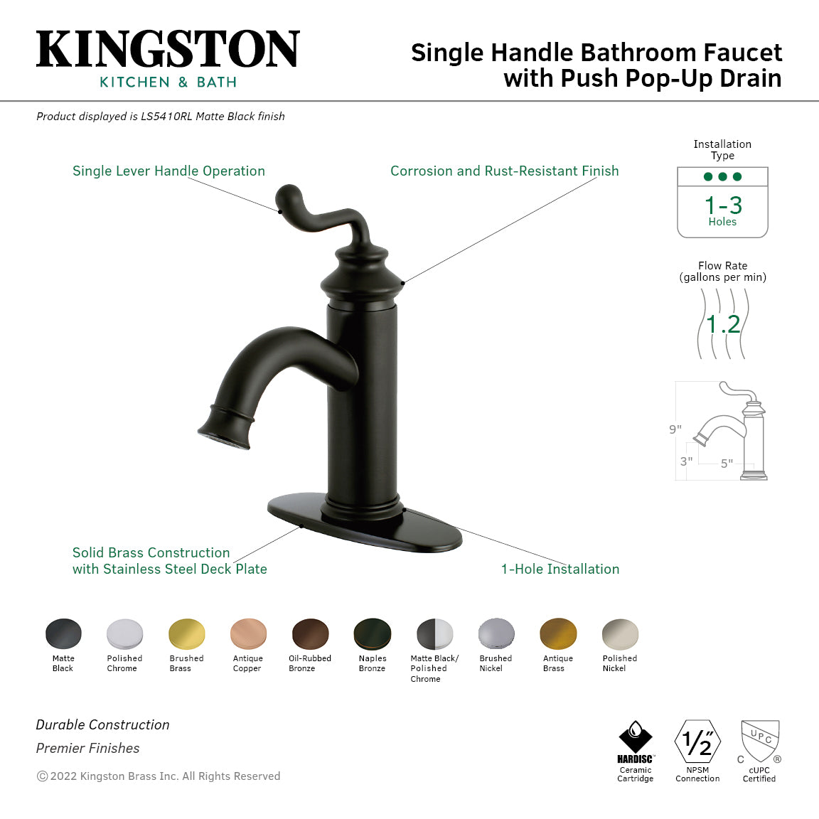 Royale One-Handle Single-Hole Bathroom Faucet with Deck Plate and Push Pop-Up Drain in Antique Brass