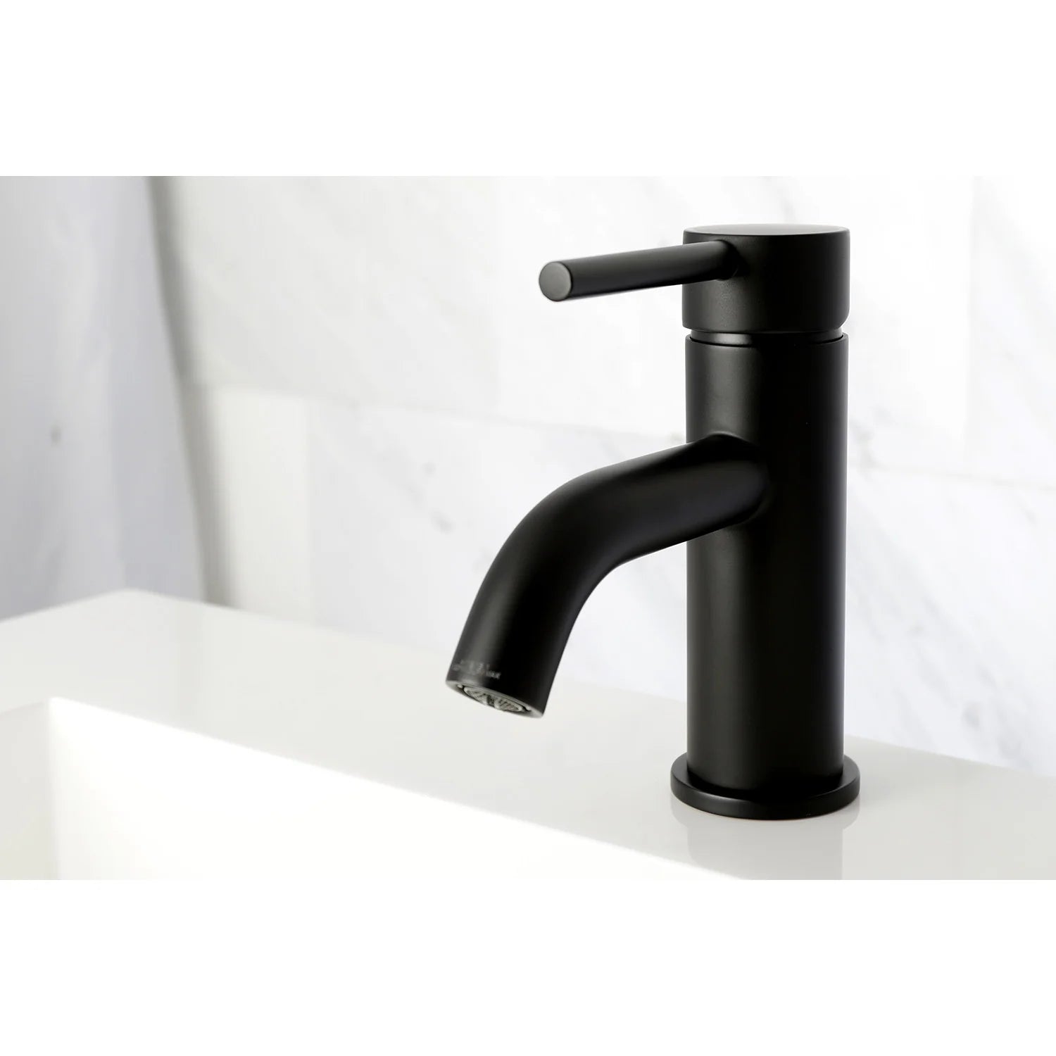 Matte black bathroom faucet with curved spout and angled lever handle