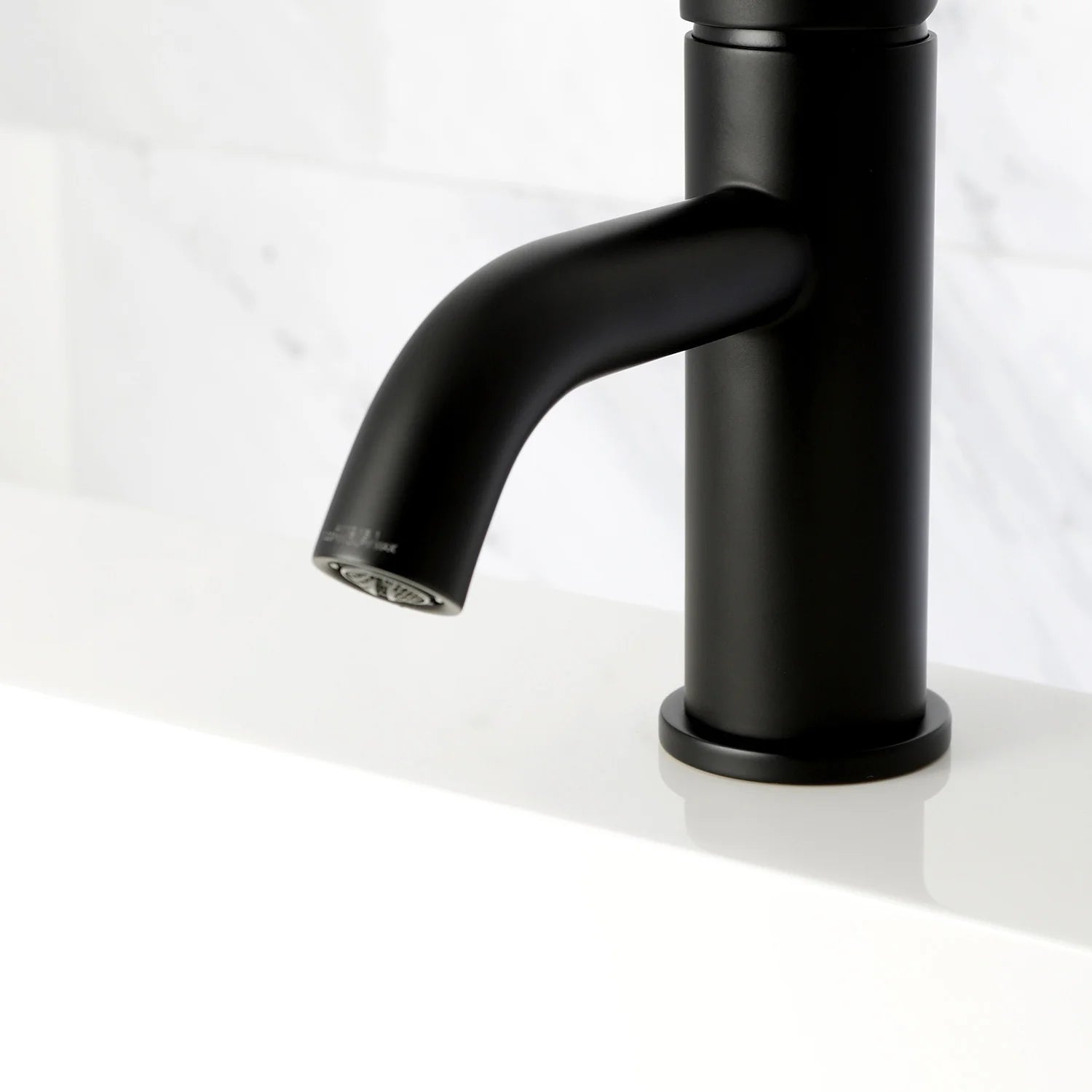 Matte black bathroom faucet with curved spout and single control lever