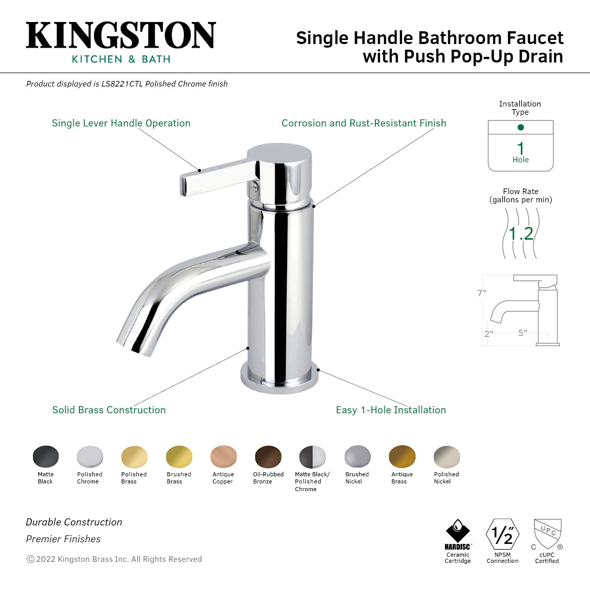 Continental One-Handle Single-Hole Bathroom Faucet with Push Pop-Up Drain in Brushed Brass