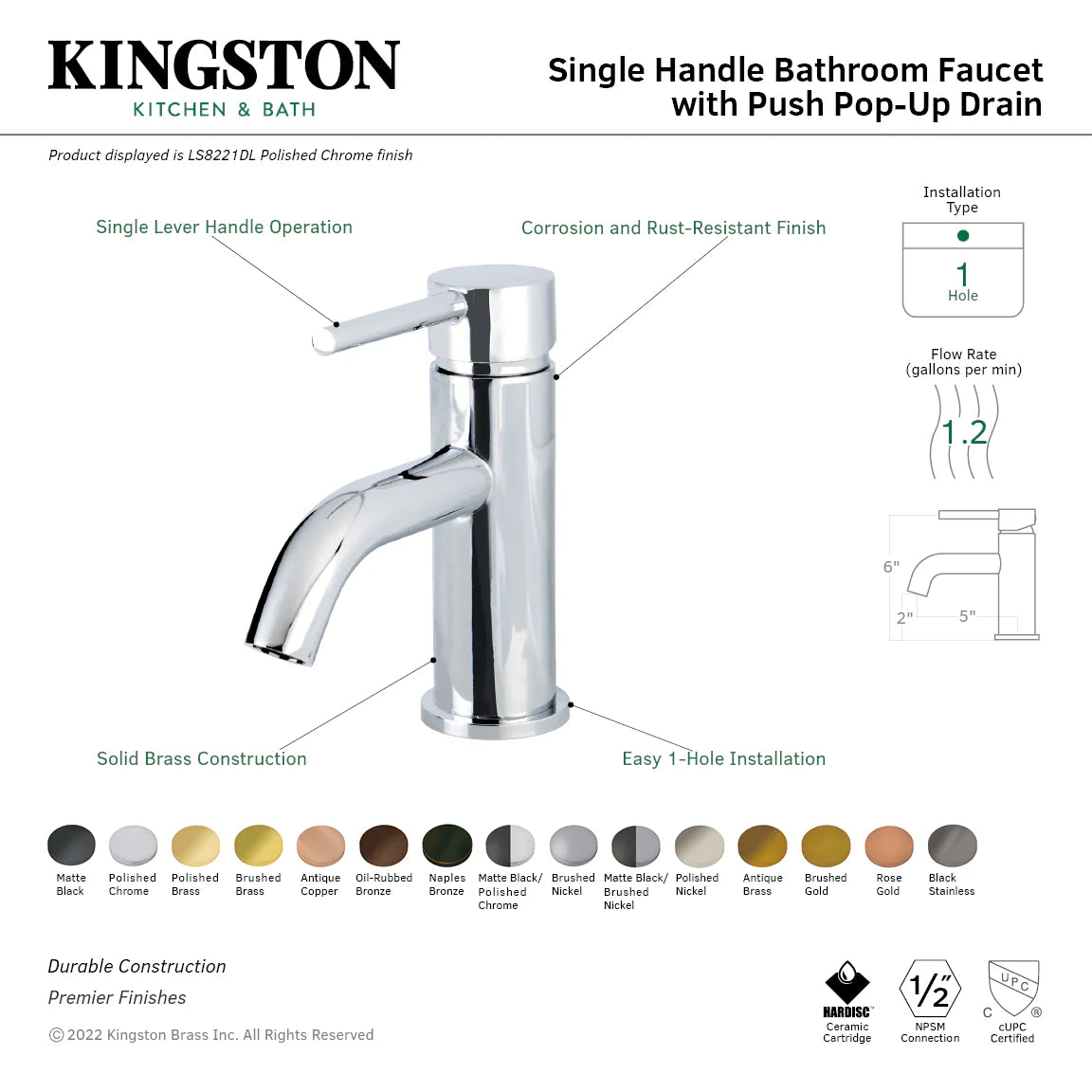 Polished chrome single-handle bathroom faucet with push pop-up drain, single hole