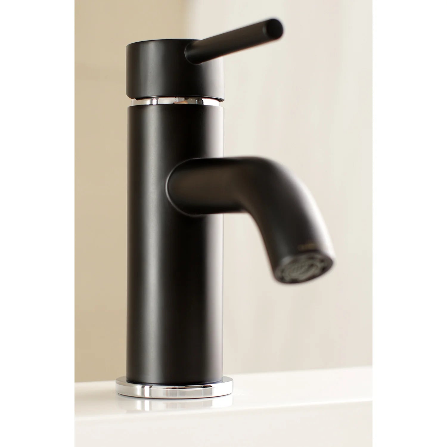 Matte black single-hole bathroom faucet with lever handle and curved spout