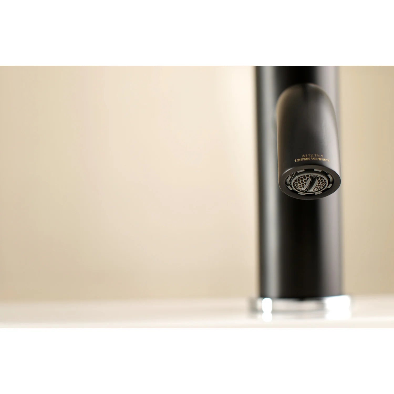 Matte black faucet aerator head at outlet opening