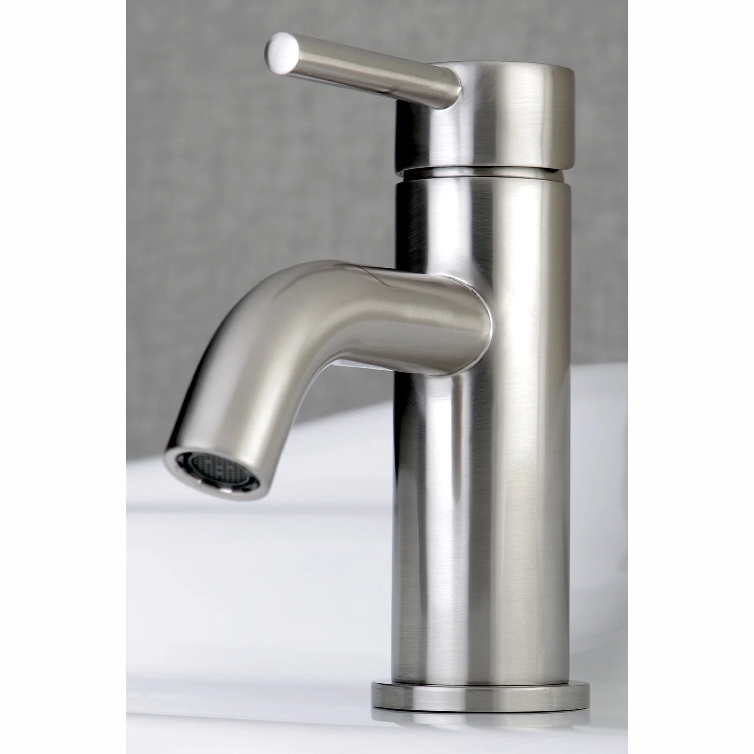 Brushed nickel one-handle bathroom faucet with curved spout and aerator tip