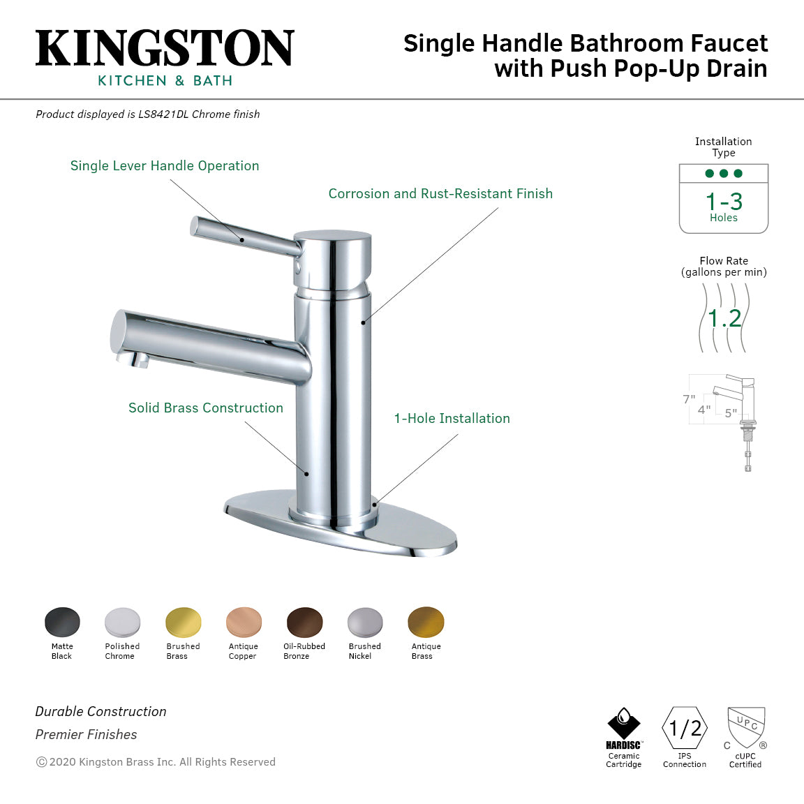 Concord One-Handle Single-Hole Bathroom Faucet with Deck Plate and Push Pop-Up Drain in Brushed Brass