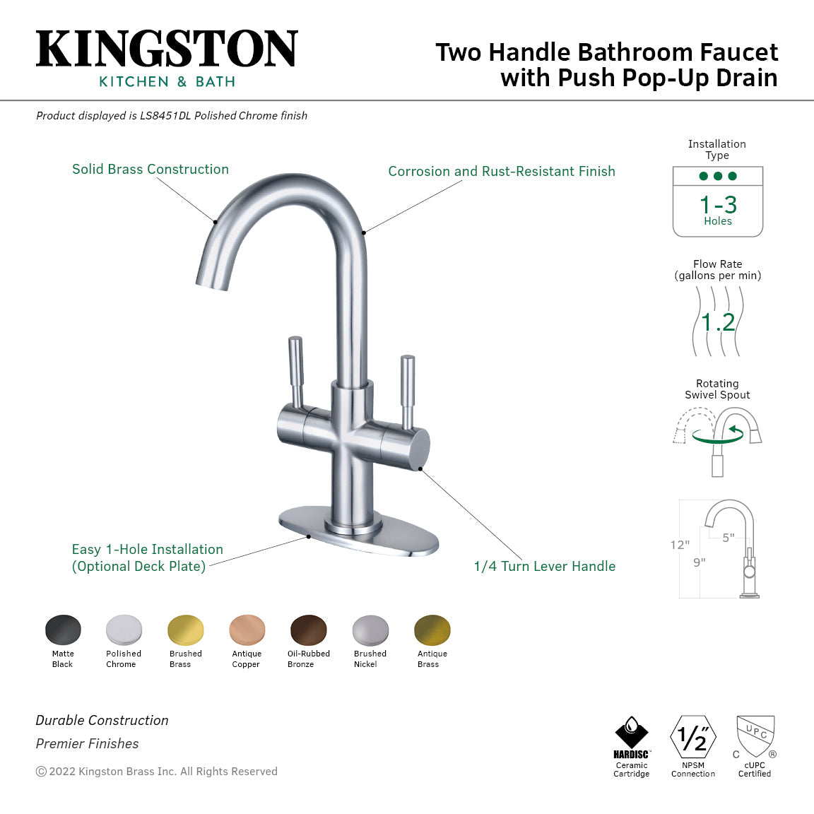 Concord Two-Handle Single-Hole Bathroom Faucet with Deck Plate and Push Pop-Up Drain in Matte Black