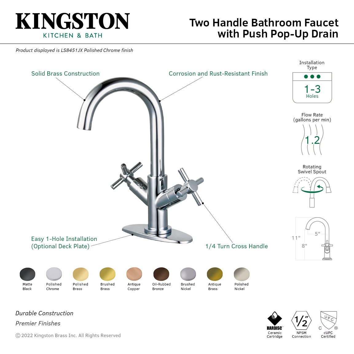 Concord Two-Handle Single-Hole Bathroom Faucet with Deck Plate and Push Pop-Up Drain in Polished Chrome