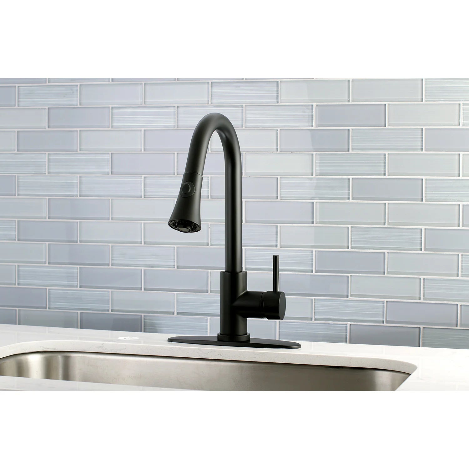 Matte black single-handle pull-down kitchen faucet with high-arc spout and base