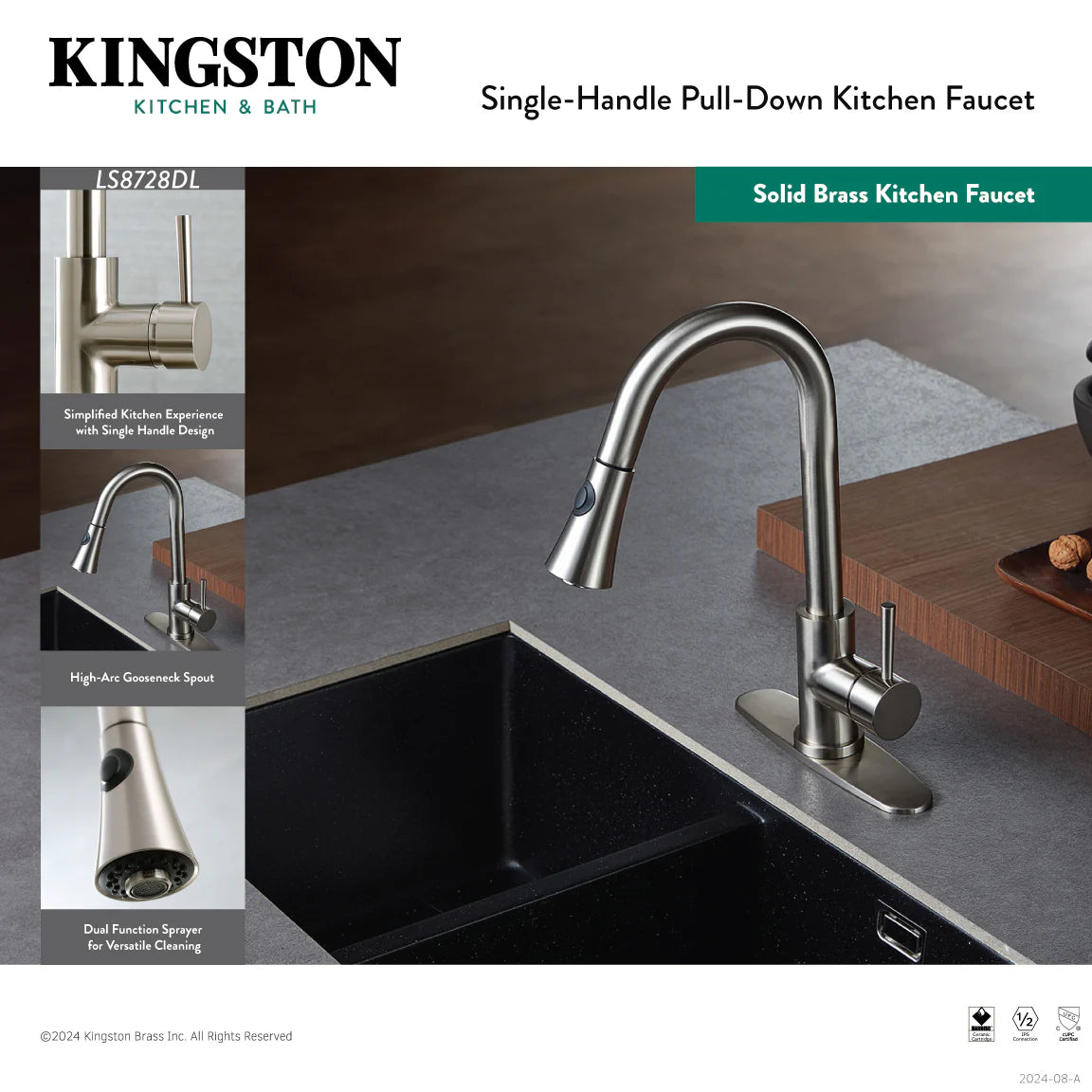 Polished chrome single-handle pull-down kitchen faucet with pull-down sprayer and tall spout
