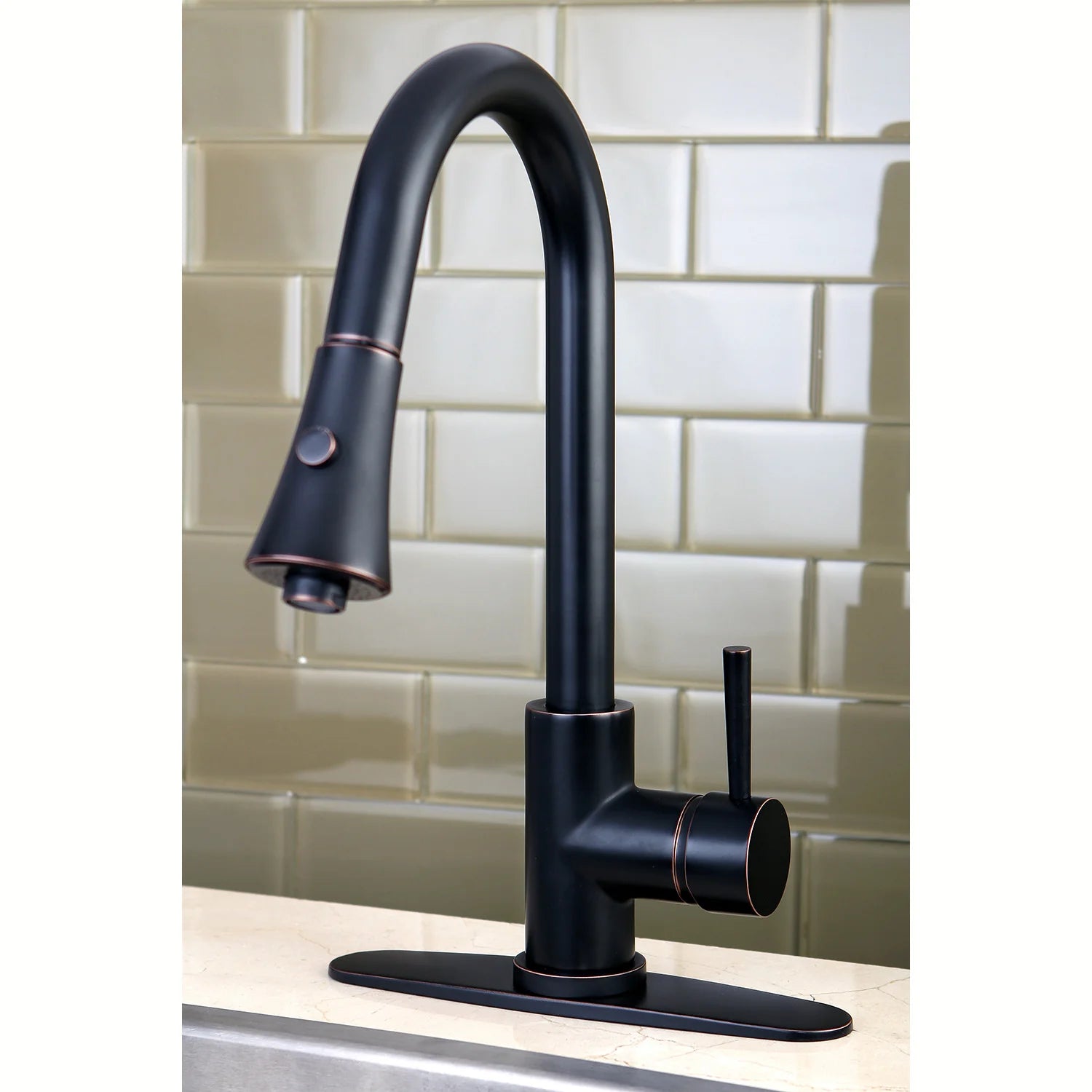 Matte black single-handle pull-down kitchen faucet with curved spout and sprayer
