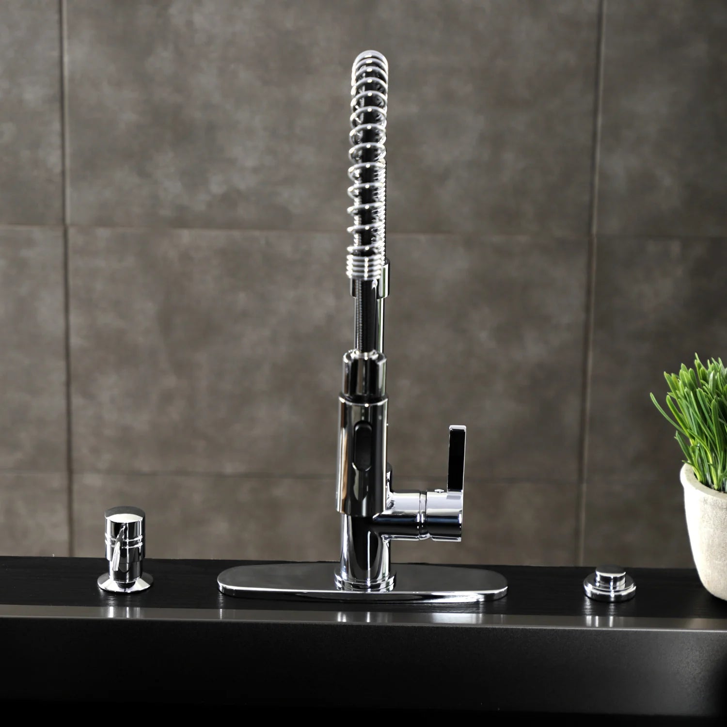 Polished chrome deck-mount pre-rinse faucet with arched spray hose and single lever