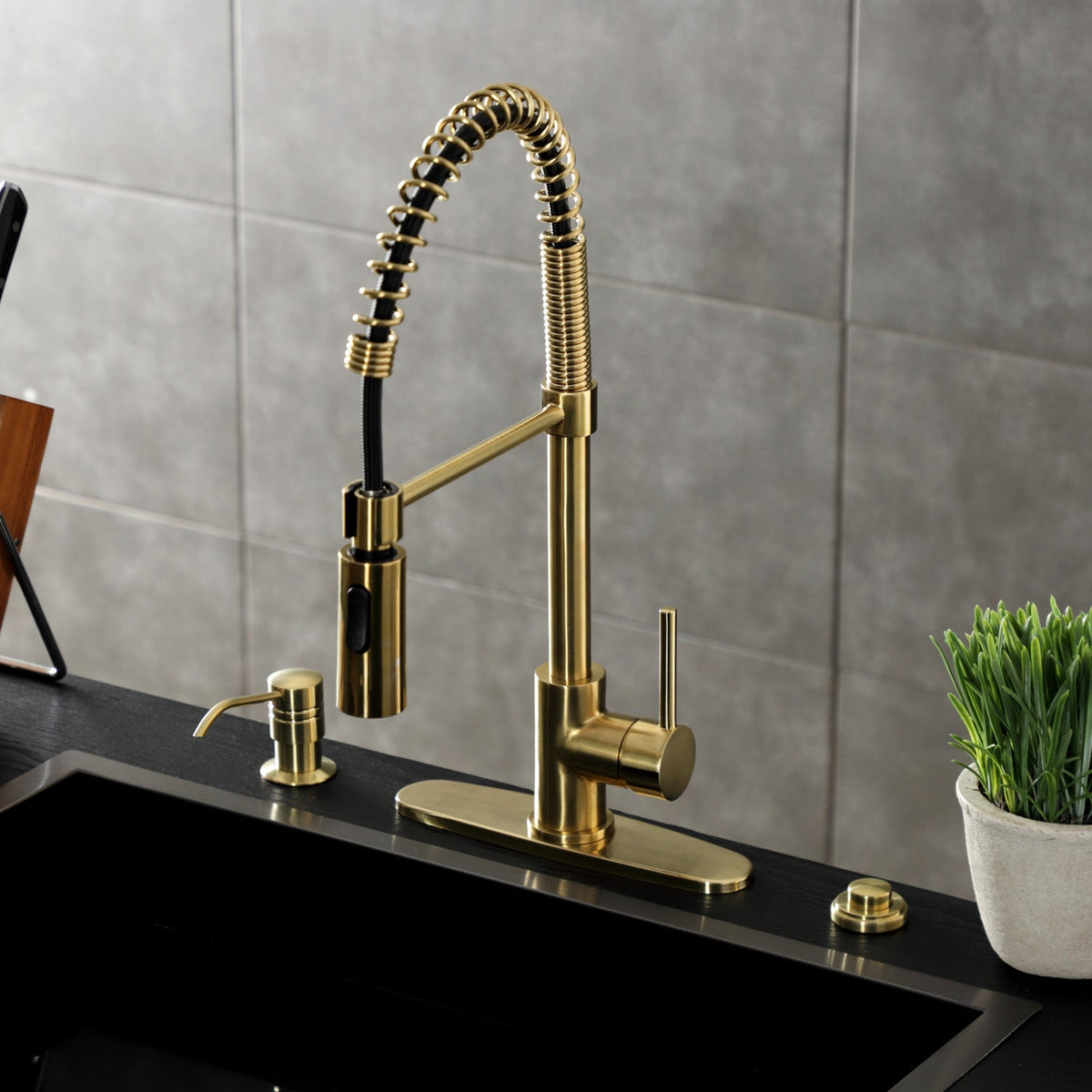 Gourmetier Concord Single-Handle Deck-Mount Pre-Rinse Kitchen Faucet in Brushed Brass