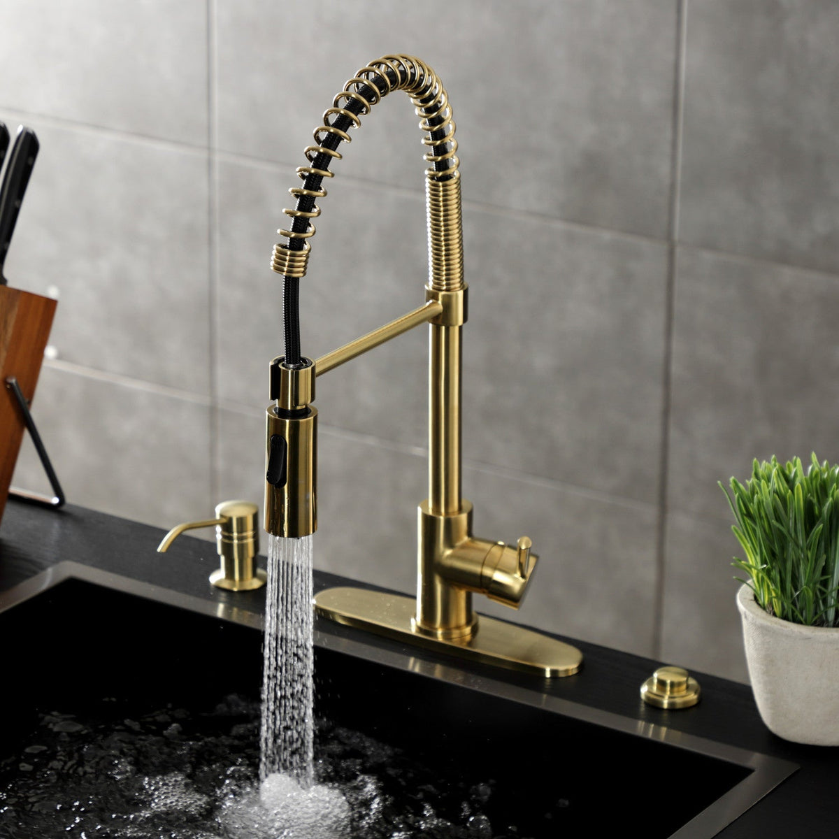 Gourmetier Concord Single-Handle Deck-Mount Pre-Rinse Kitchen Faucet in Brushed Brass