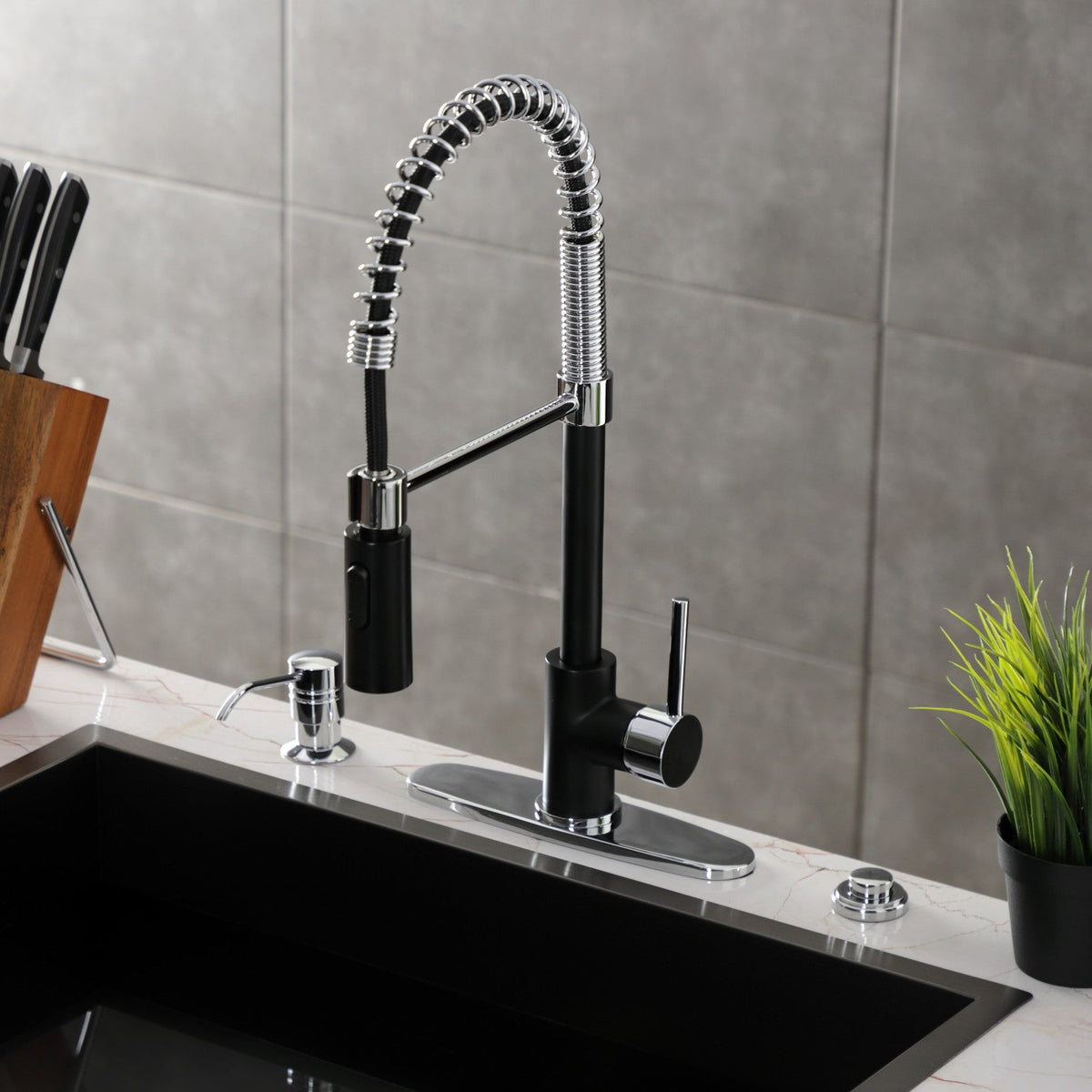 Gourmetier Concord Single-Handle Deck-Mount Pre-Rinse Kitchen Faucet in Matte Black/Polished Chrome