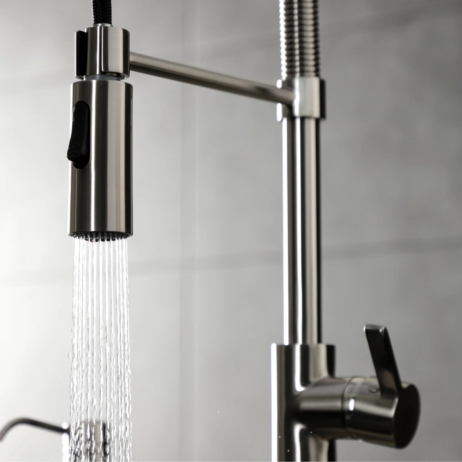 Brushed nickel pre-rinse faucet spray head and single-lever handle, deck-mounted