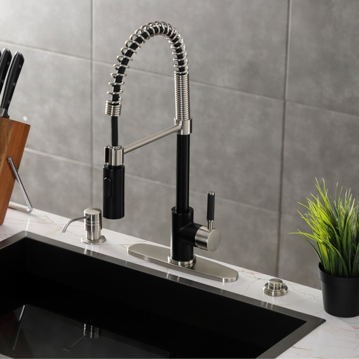 Gourmetier Kaiser Single-Handle Deck-Mount Pre-Rinse Kitchen Faucet in Matte Black/Brushed Nickel