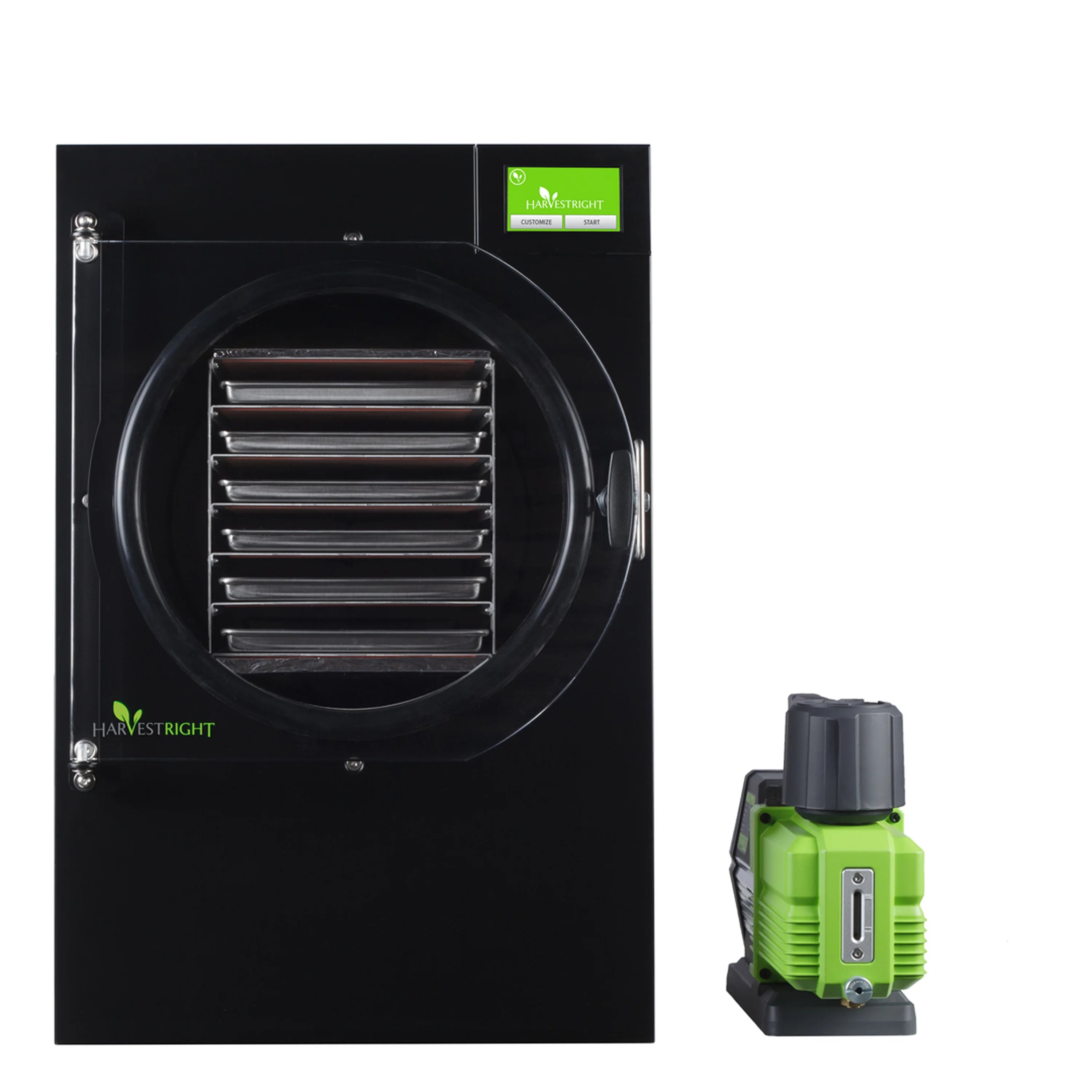 Black home freeze dryer with front chamber and attached green vacuum pump
