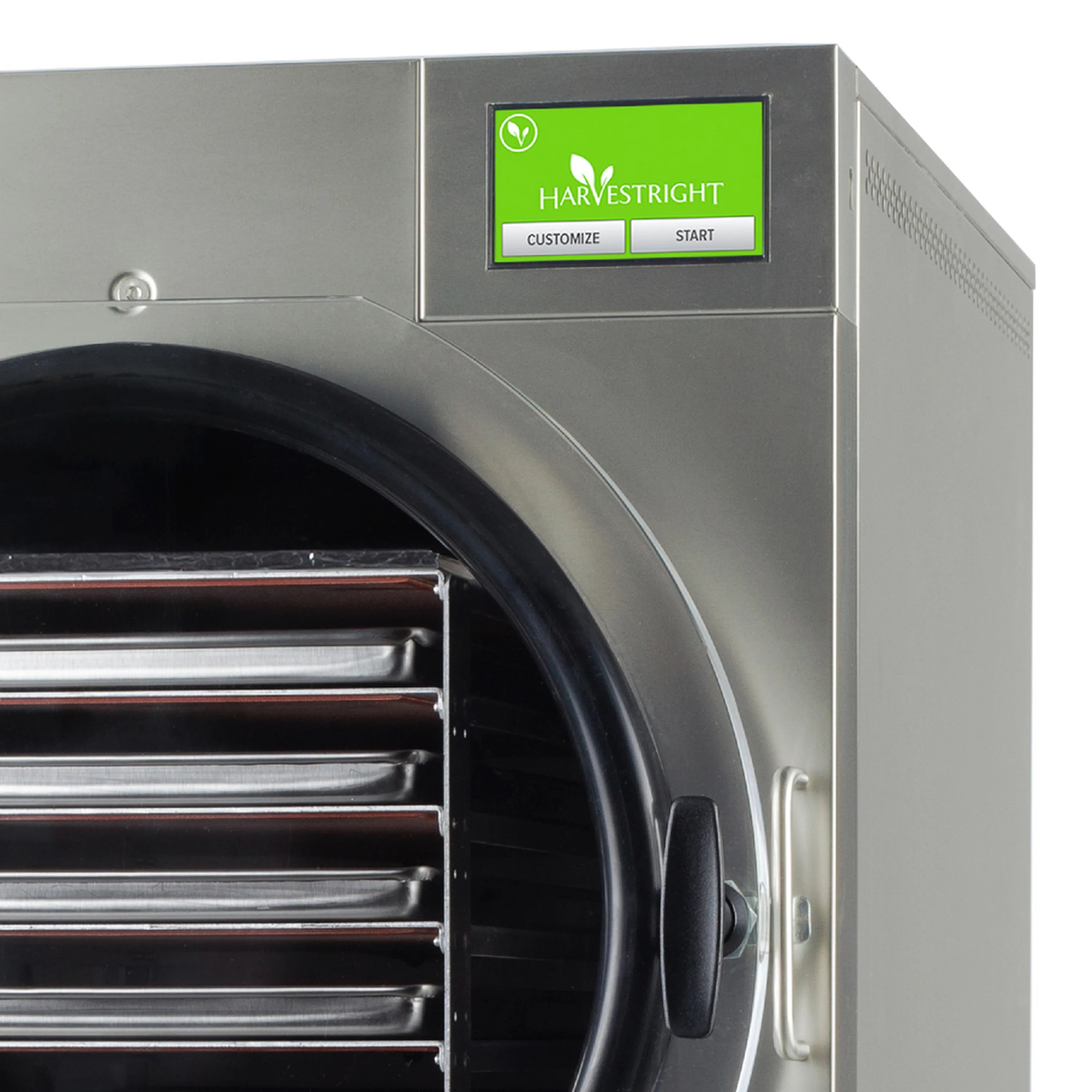 Stainless steel freeze dryer control panel above the round drying chamber door